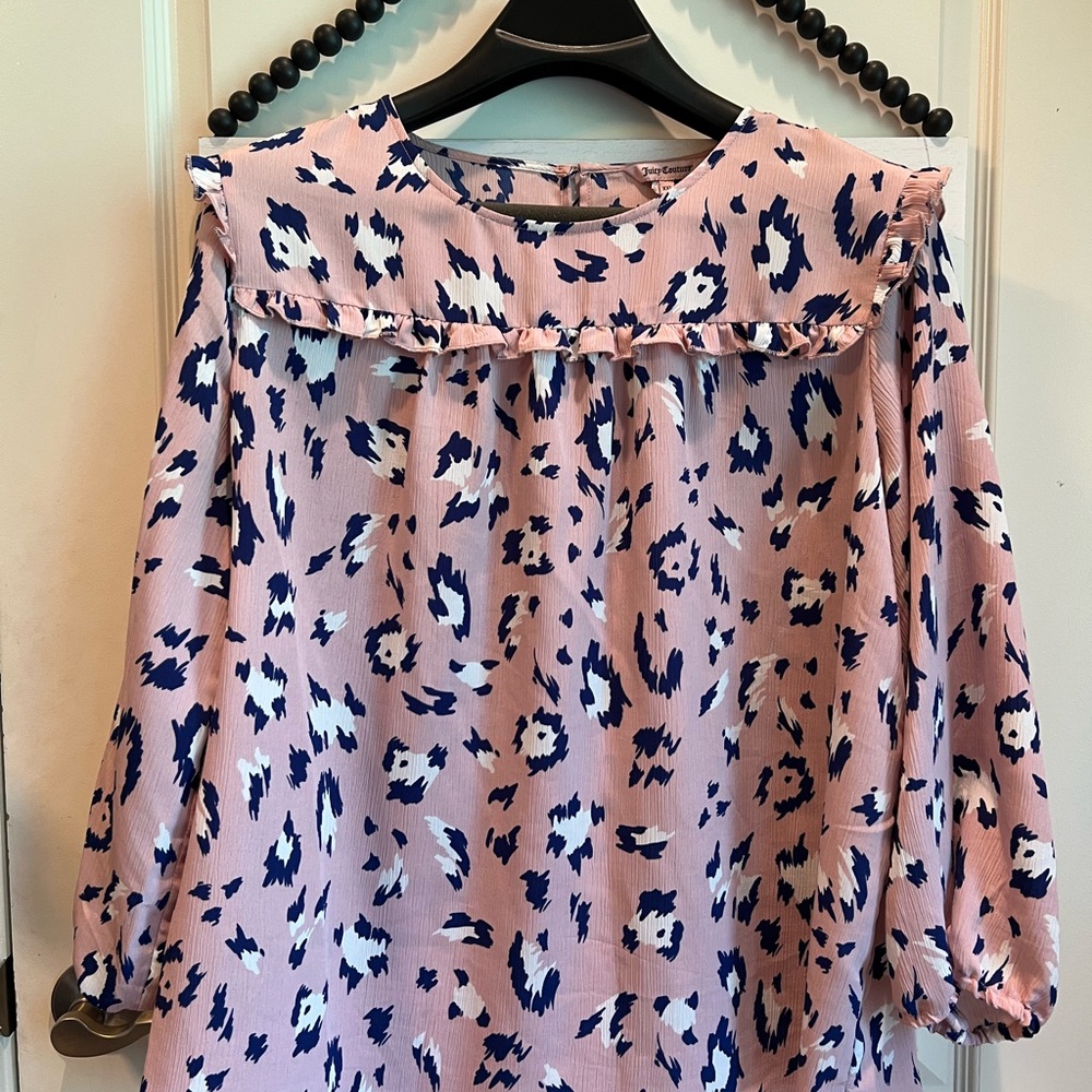 Juicy Couture Animal Print Blouse Cheetah Pink Blue White Ruffle Top XXL